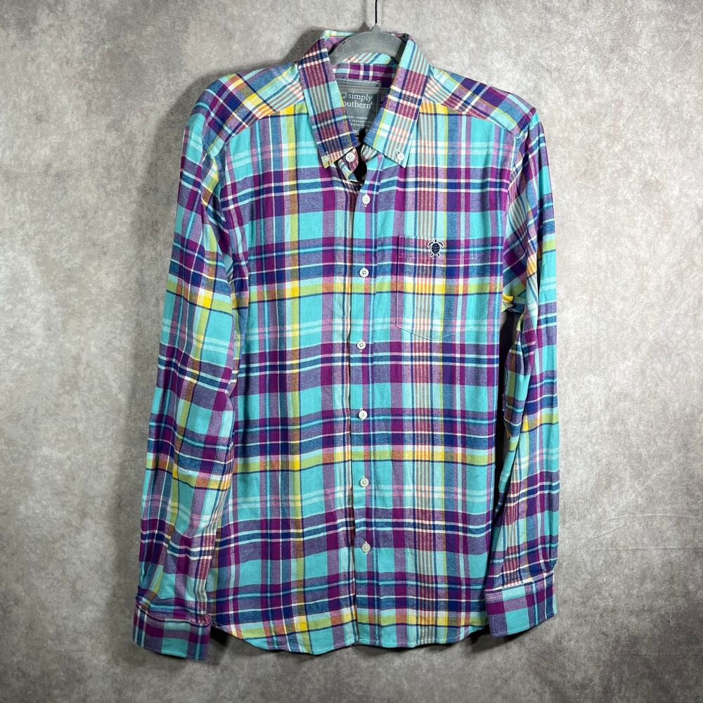 Simply Southern Shirt Mens Medium Blue Purple Plaid Button Down Casual Preppy